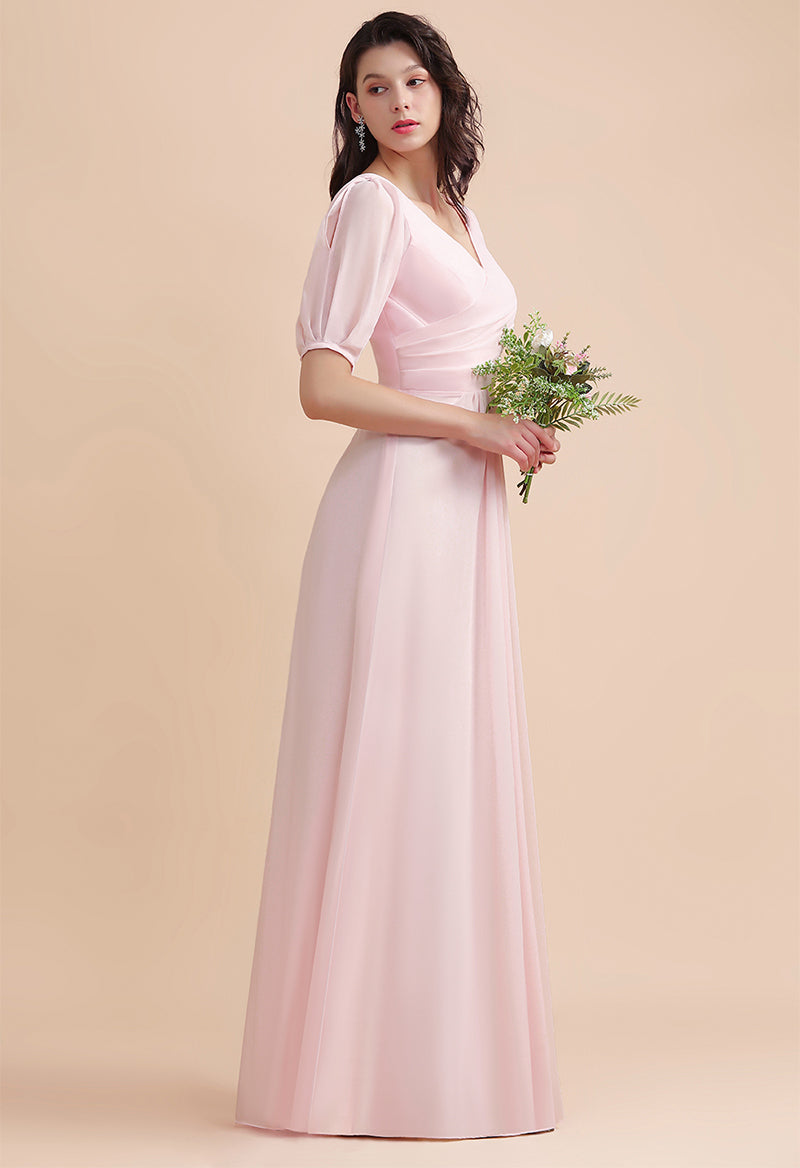 V-Neck Half-Sleeve Pleated A Line Floor Length Bridesmaid Dress
