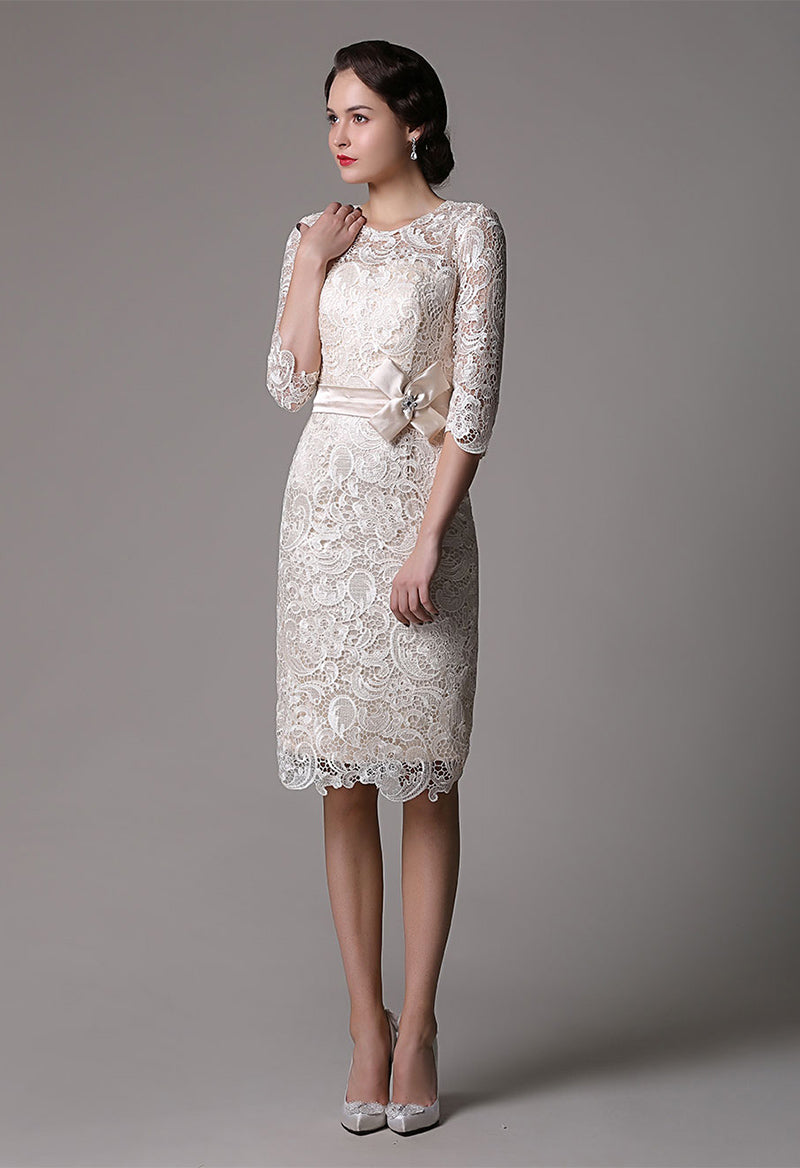 Lace Sheath Knee Length Half Sleeves Mother Of The Bride Dress With Satin Belt