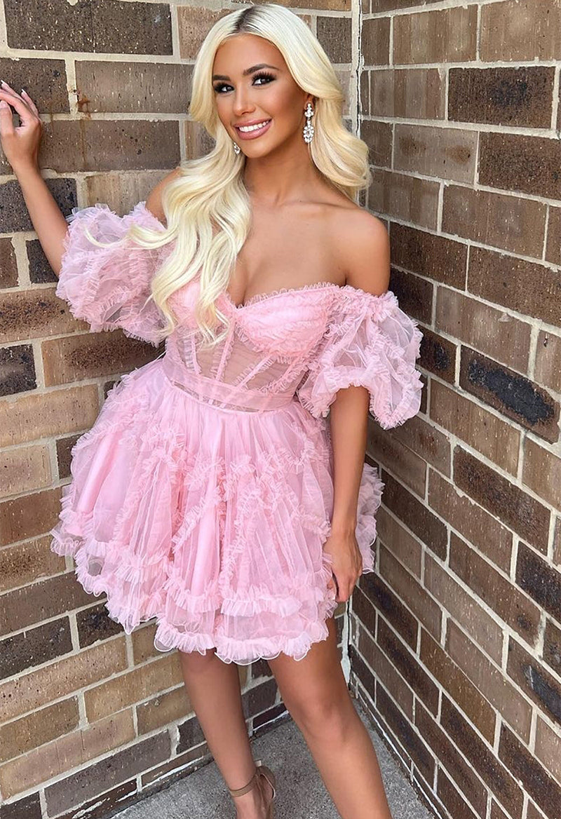 Sweetheart Neck Swag Sleeve Tulle A Line Lace-Up Short Homecoming Dress Pink