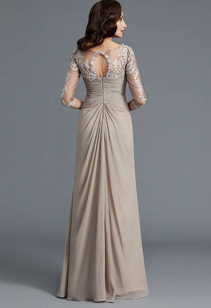 Half Sleeved Pleated V-Neck Chiffon Key Hole A Line Floor Length Mother Of The Dress