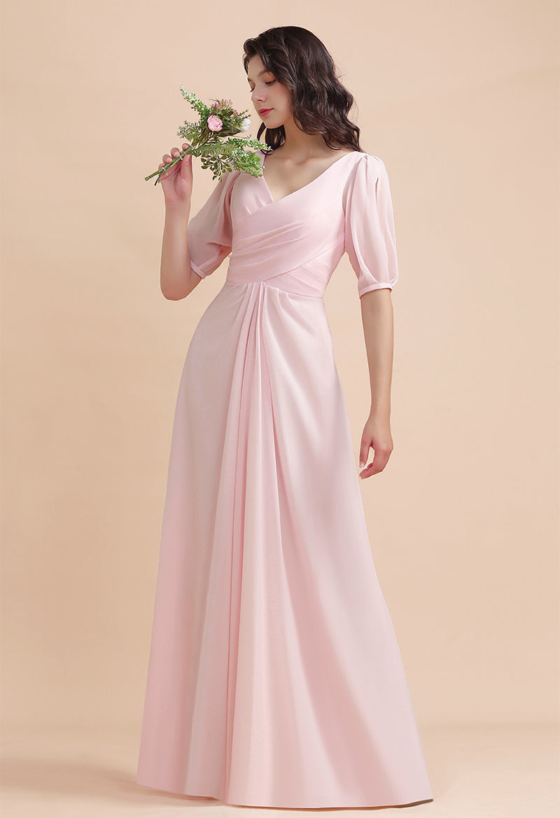 V-Neck Half-Sleeve Pleated A Line Floor Length Bridesmaid Dress