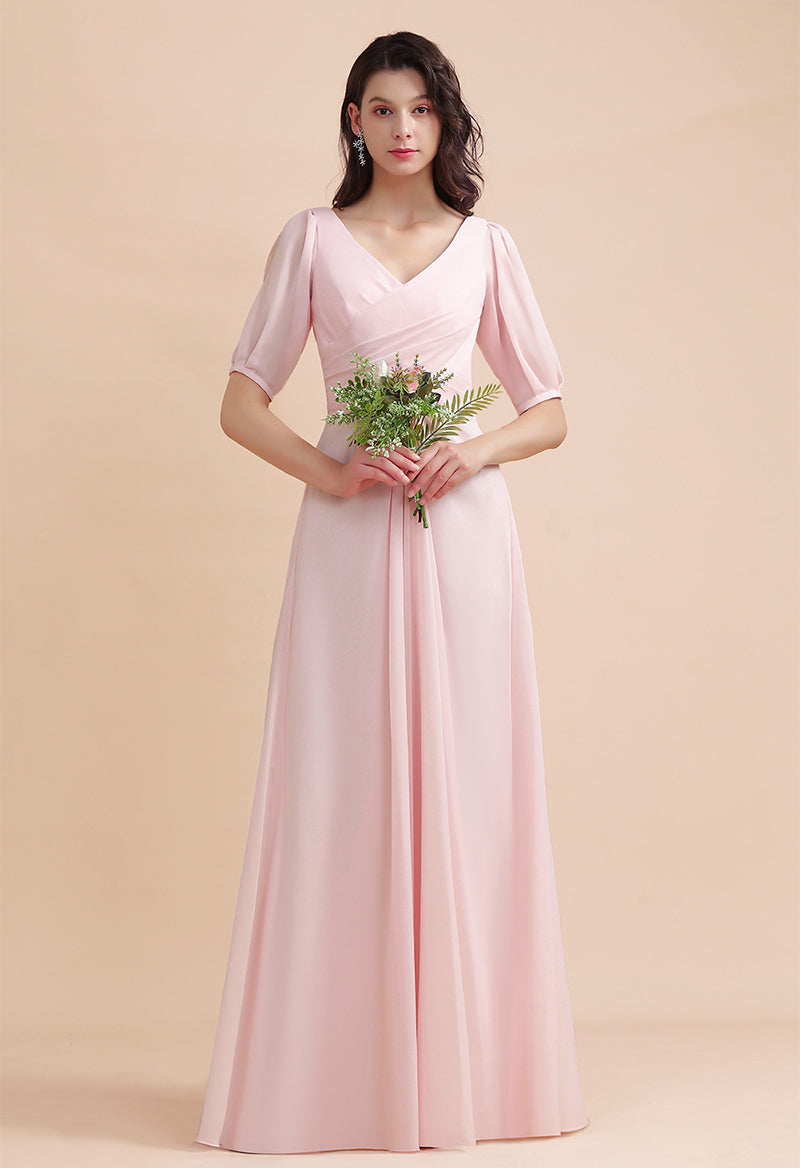 V-Neck Half-Sleeve Pleated A Line Floor Length Bridesmaid Dress As Picture
