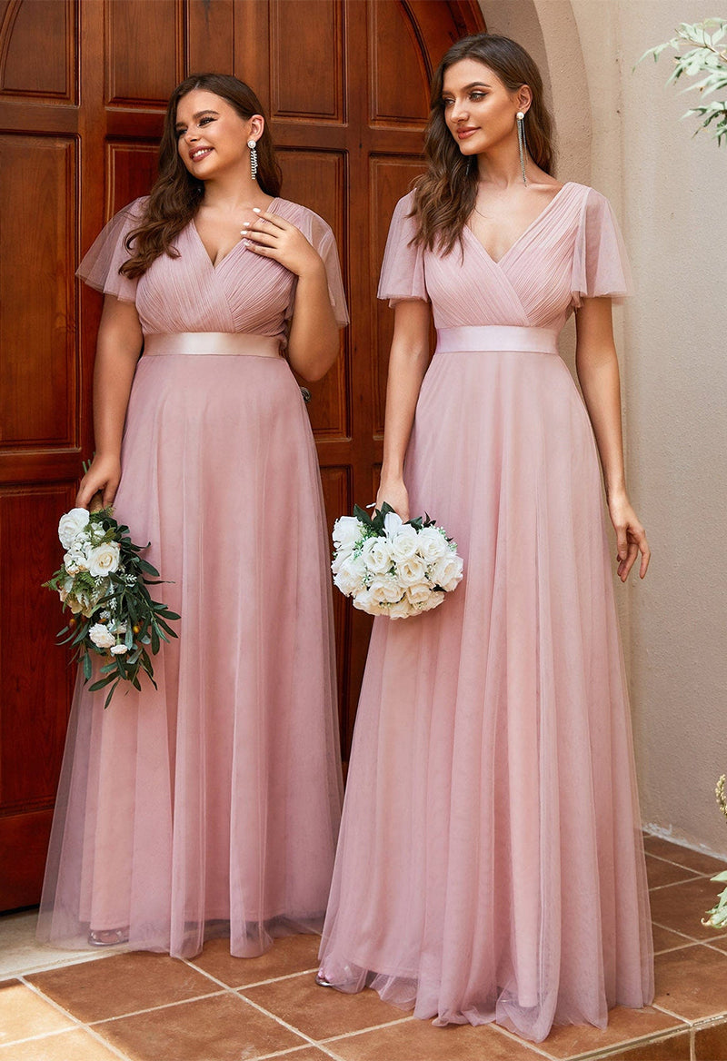 A Line V Neck Chiffon Pleated Short Sleeved Floor Length Bridesmaid Dress As Picture