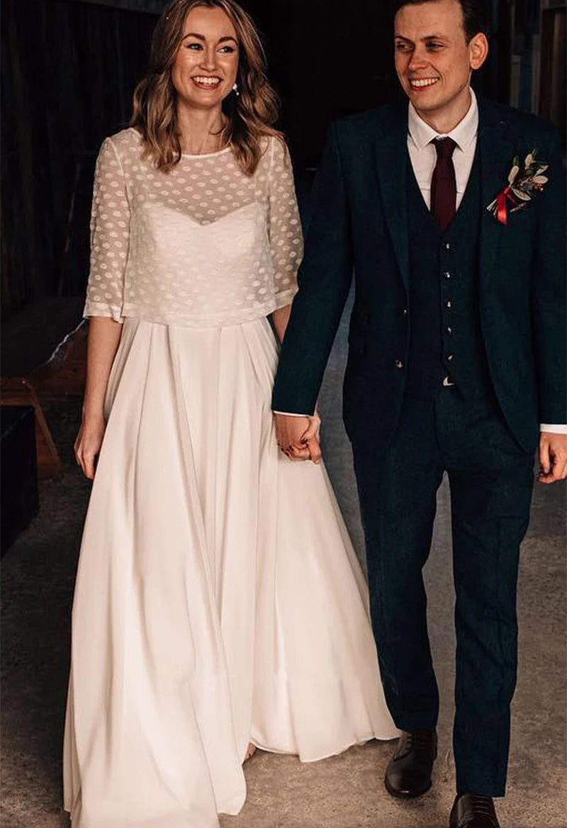 Scoop Neck Polka Dot Half Sleeve Chiffon A Line Floor Length Wedding Dress As Picture