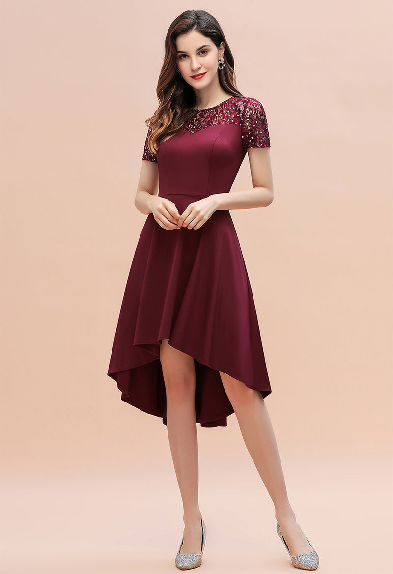 Scoop Neck Sequin High-Low Short Sleeve A Line Party Dress/Prom Dress As Picture