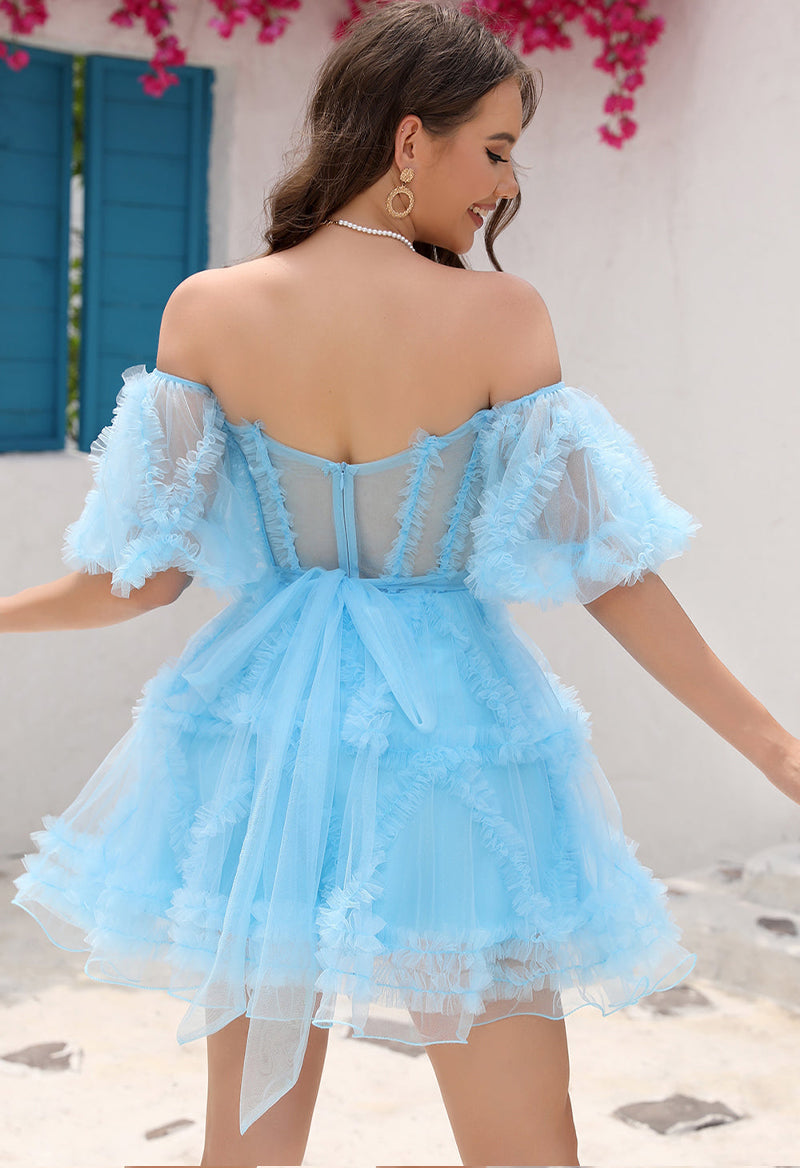 Sweetheart Neck Swag Sleeve Tulle A Line Lace-Up Short Homecoming Dress