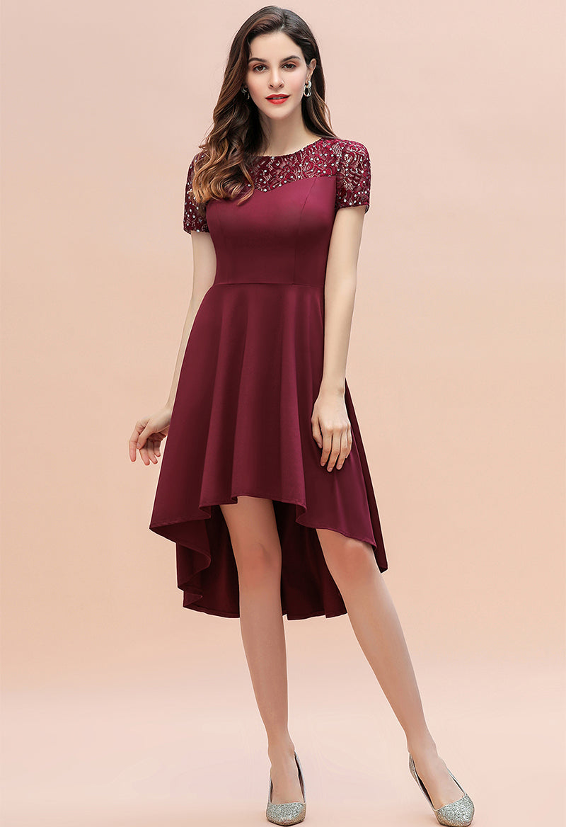 Scoop Neck Sequin High-Low Short Sleeve A Line Party Dress/Prom Dress