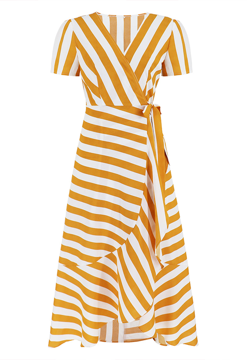Short Sleeve Stripe Stitching Ankle Length V-Neck A Line Dress Yellow