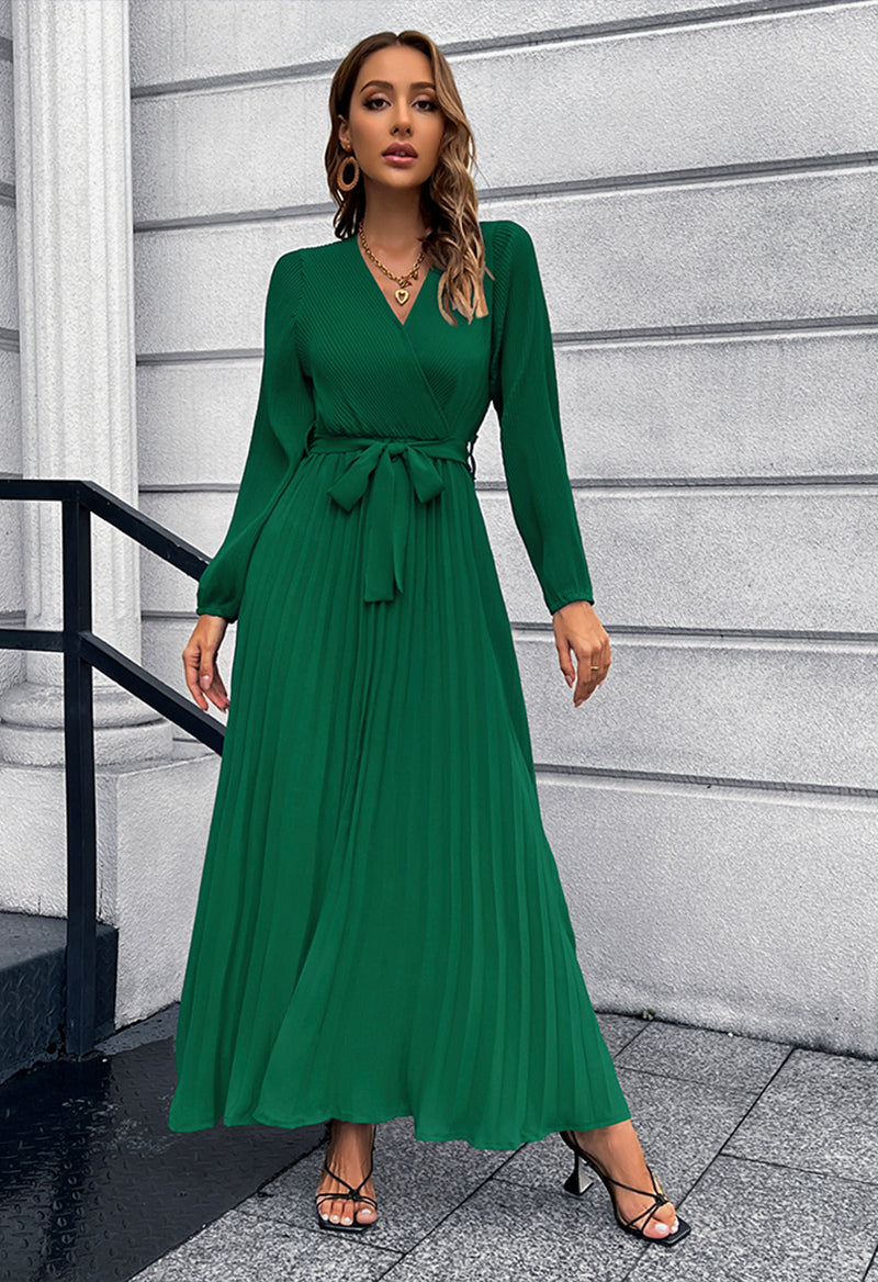 V-Neck Long Sleeve Pleated A Line Floor Length Dress Green