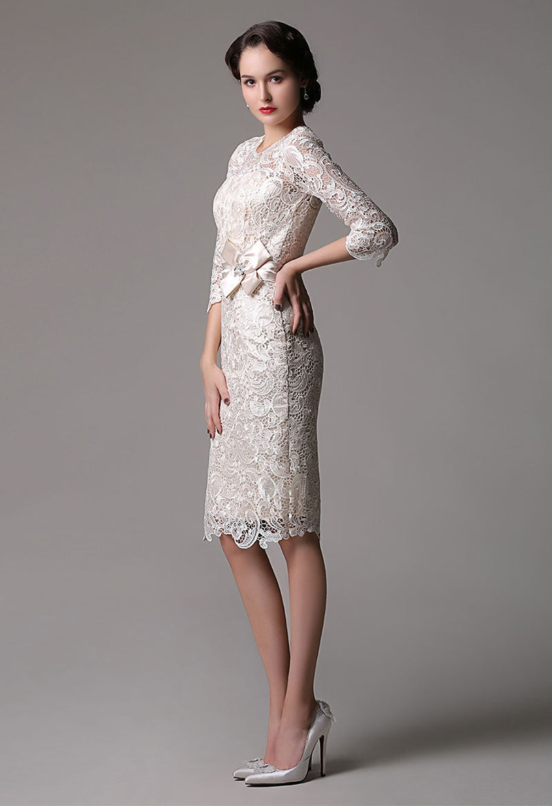 Lace Sheath Knee Length Half Sleeves Mother Of The Bride Dress With Satin Belt