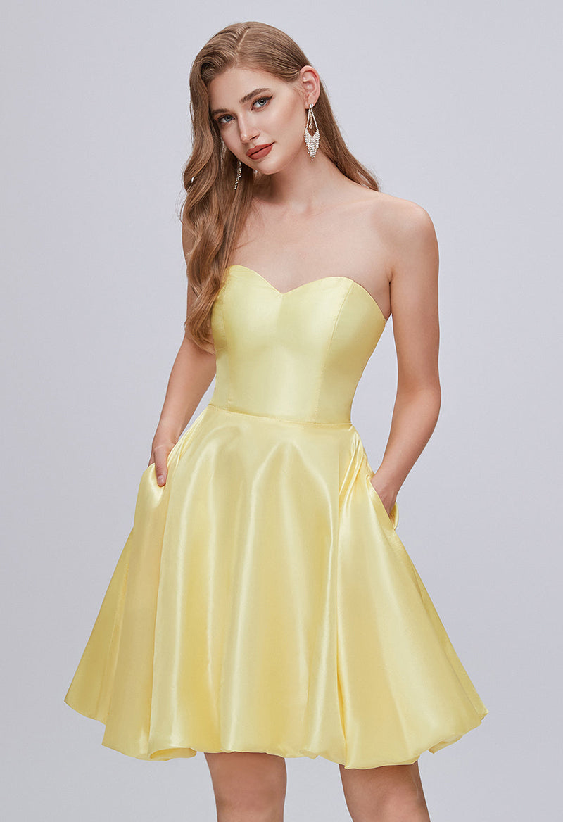 Simple Sweetheart Neck Satin Pocket Sleeveless A Line Short Homecoming Dress As Picture