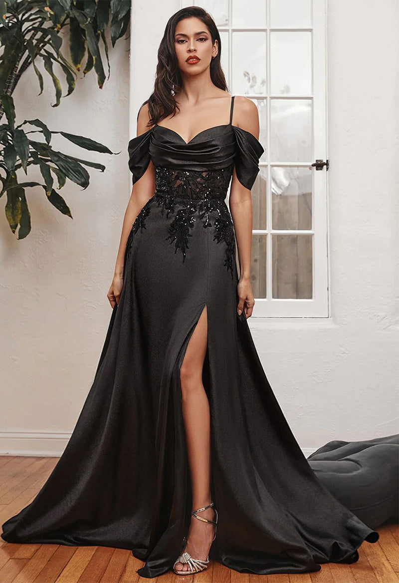 Short Sleeve Straps Slits Sequined Court Train Evening Dress As Picture