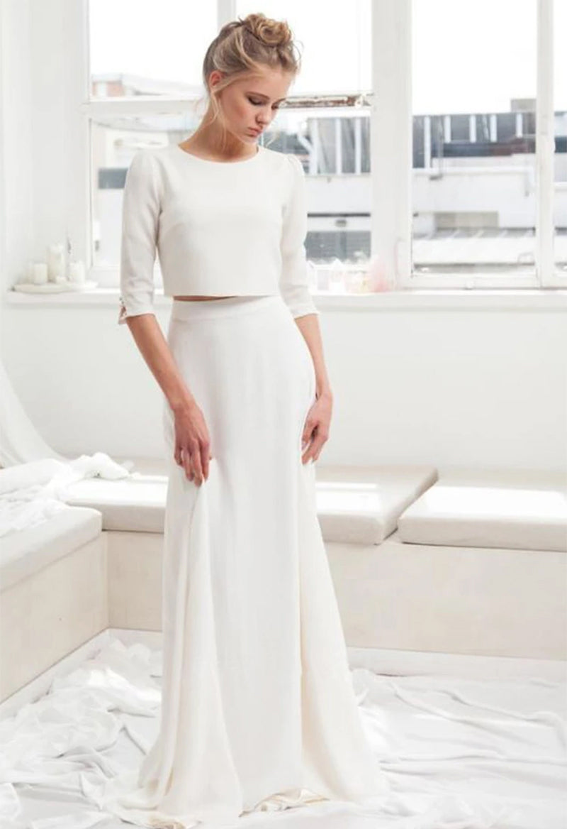 Scoop Neck Half Sleeve Button A Line Sweep Train Wedding Two-Piece Top And Skirt As Picture