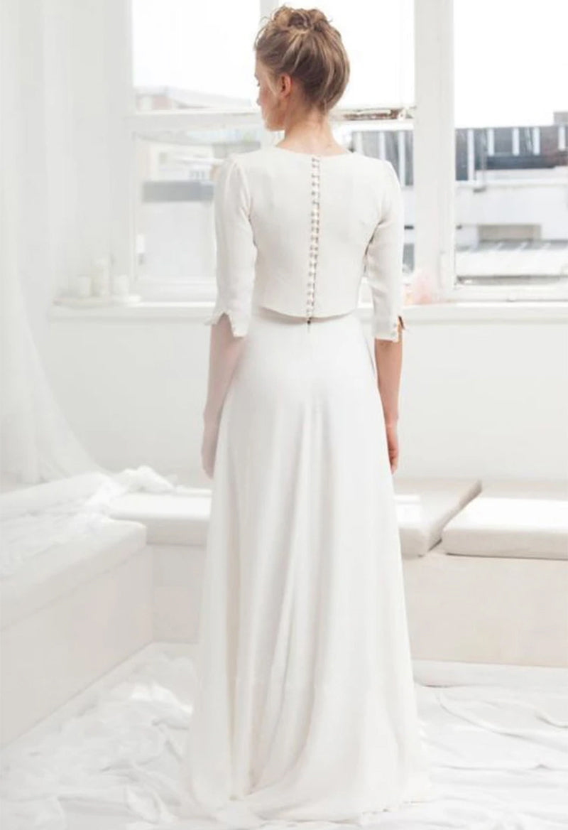Scoop Neck Half Sleeve Button A Line Sweep Train Wedding Two-Piece Top And Skirt