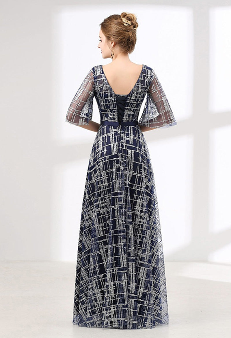 Scoop Neck Half Sleeve Striped Tulle A Line Floor Length Mother Of The Bride Dress