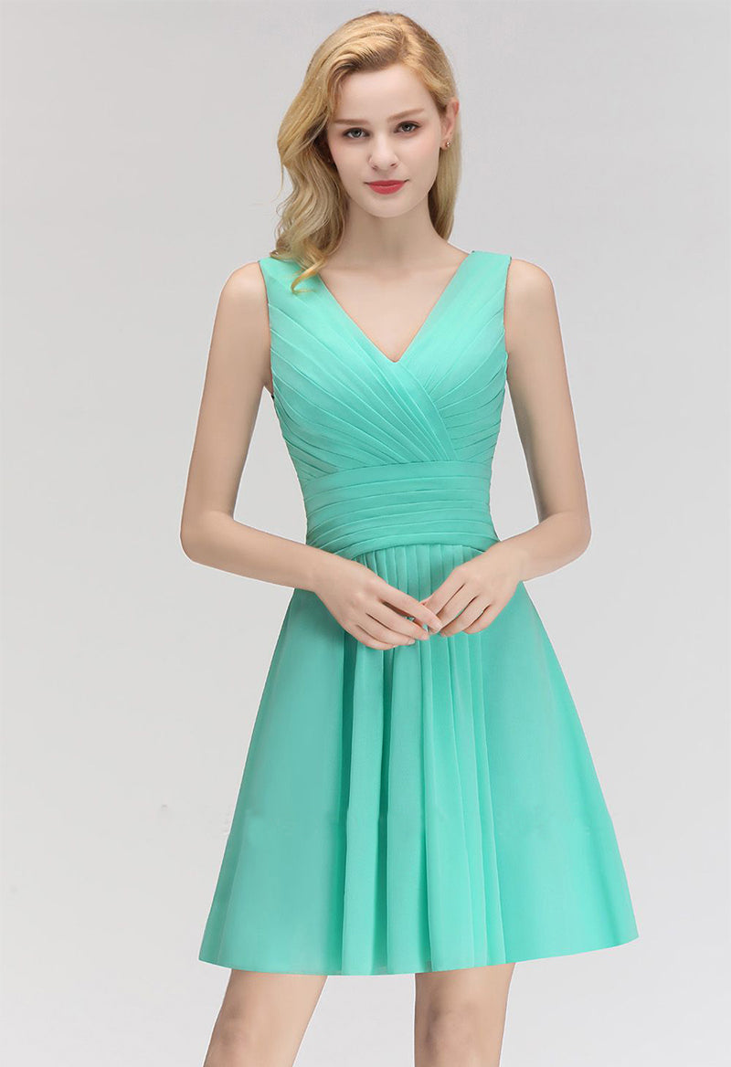 V-Neck Pleated Sleeveless A Line Mine Party Dress/Prom Dress As Picture