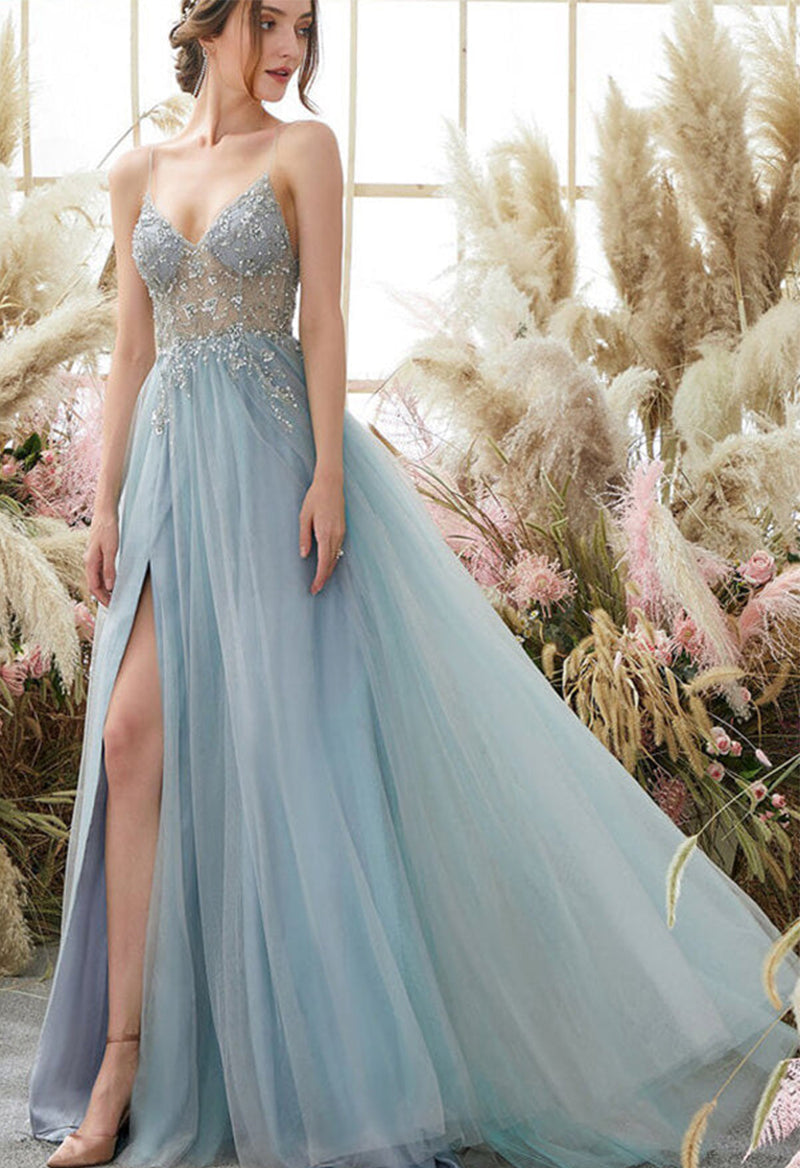 Tulle Sequin Slit V Neck Sweep Train Prom Dress As Picture