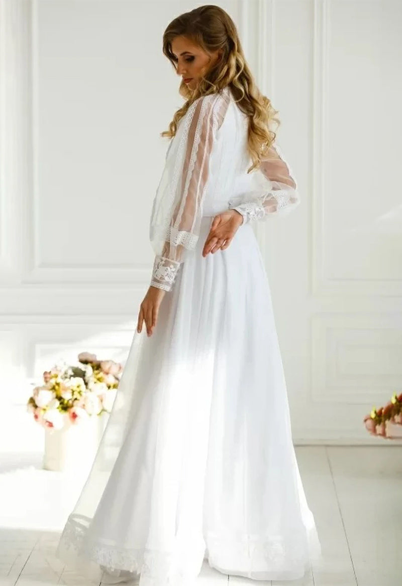 V Neck Puff Sleeve Tulle Chiffon A Line Floor Length Wedding Dress