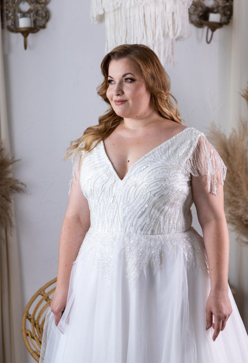 Plus Size V Neck Sleeveless Tassel Sequins A Line Tulle Floor Length Wedding Dress
