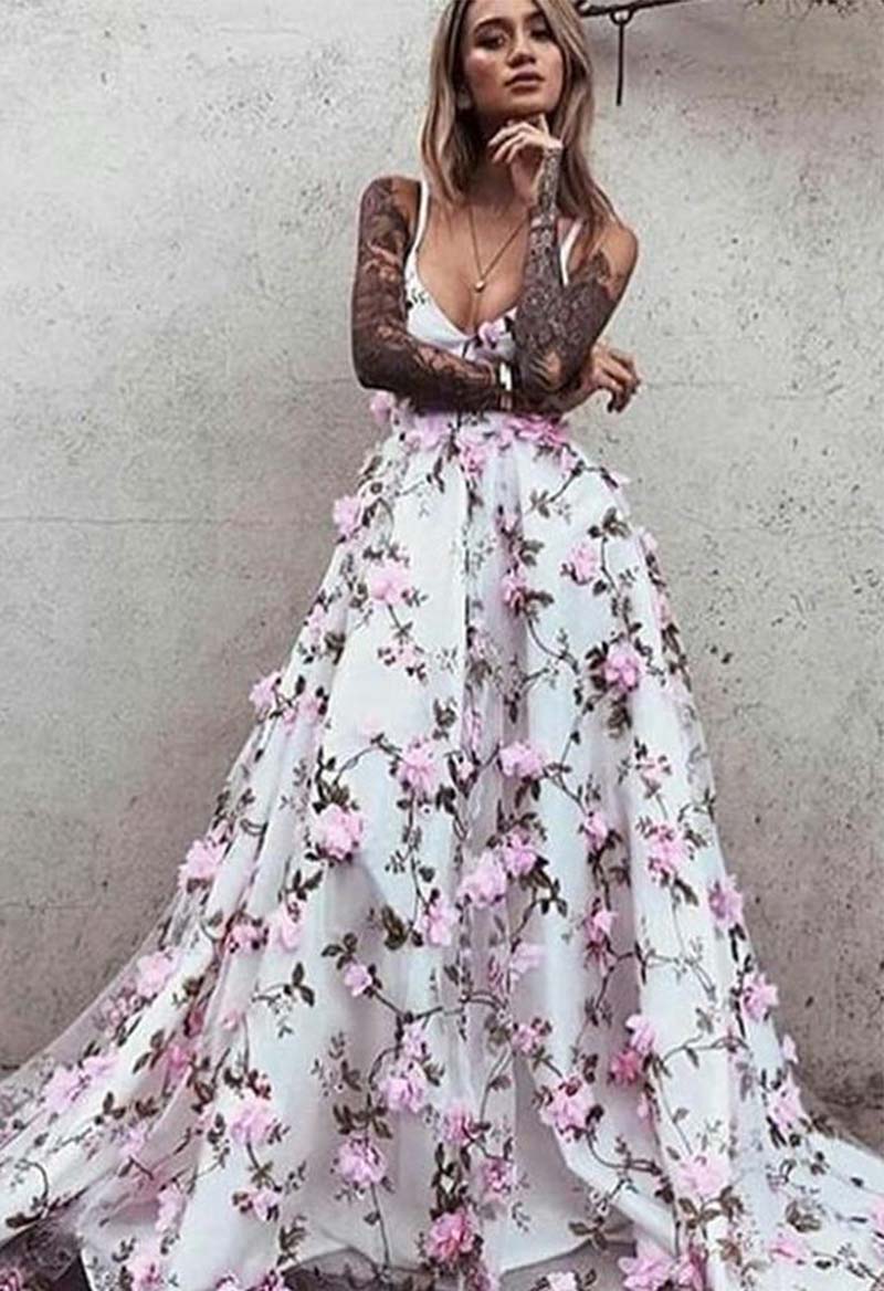 Satin V Neck Sleeveless Floral Court Train Prom Dress As Picture