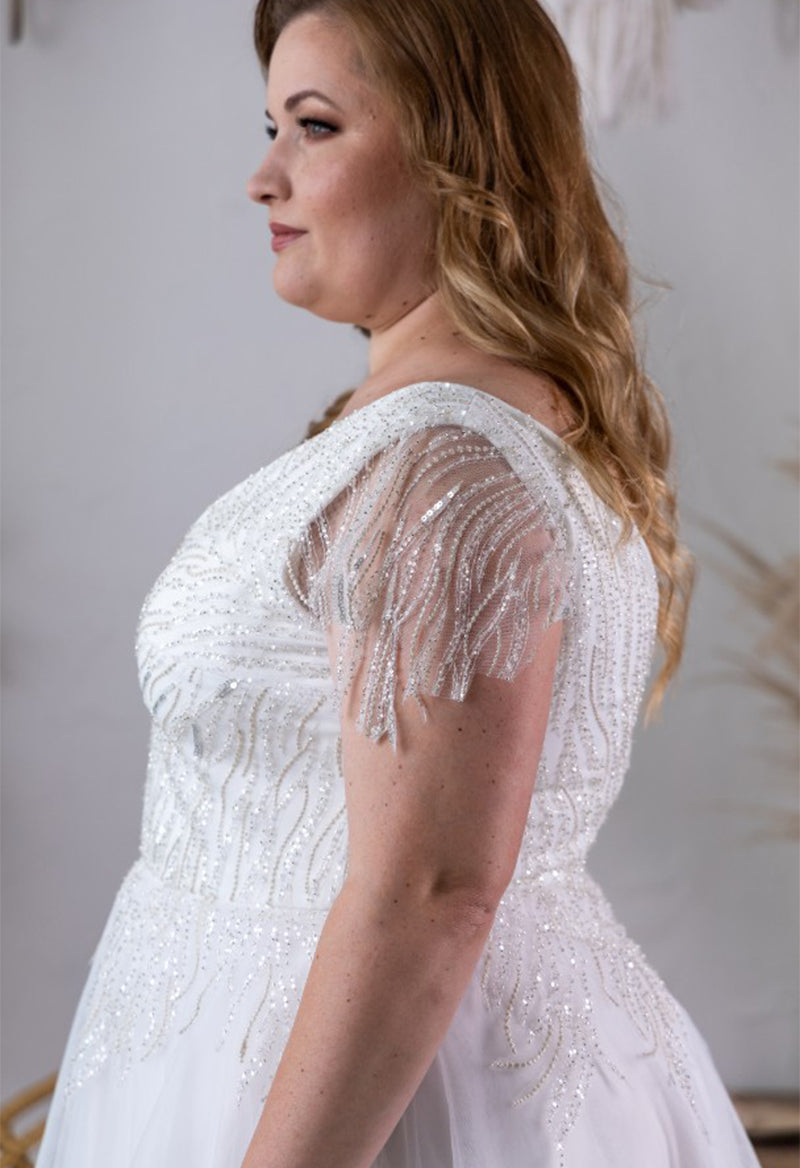 Plus Size V Neck Sleeveless Tassel Sequins A Line Tulle Floor Length Wedding Dress