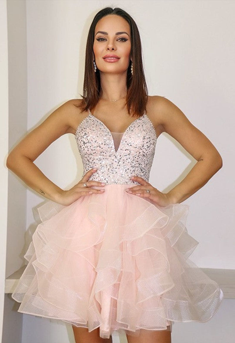V Neck Tulle Sequins A Line Sleeveless Short Homecoming Dress As Picture