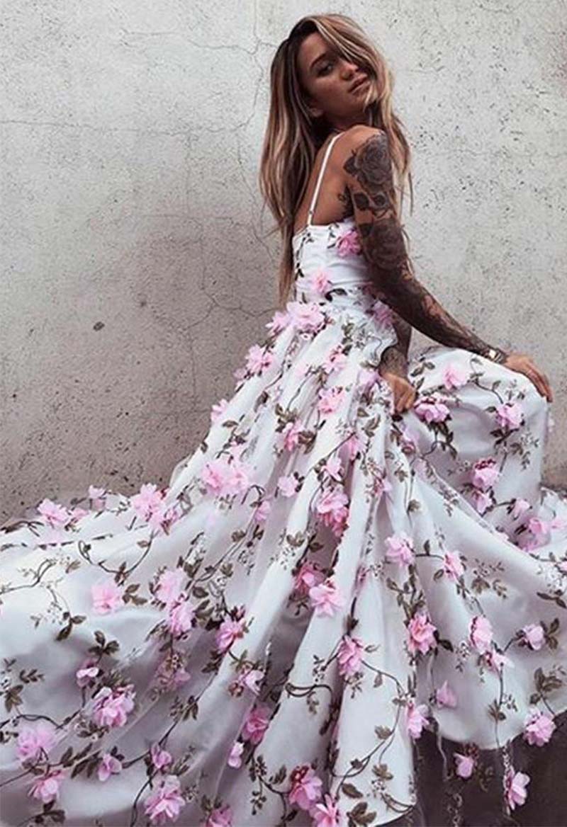 Satin V Neck Sleeveless Floral Court Train Prom Dress
