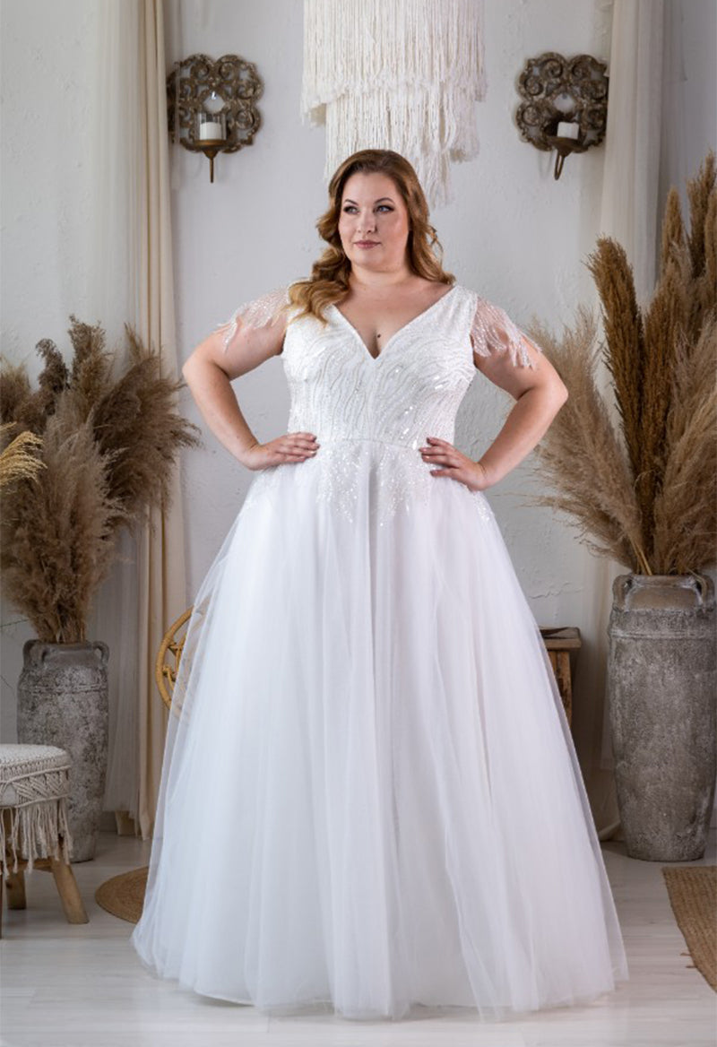 Plus Size V Neck Sleeveless Tassel Sequins A Line Tulle Floor Length Wedding Dress As Picture