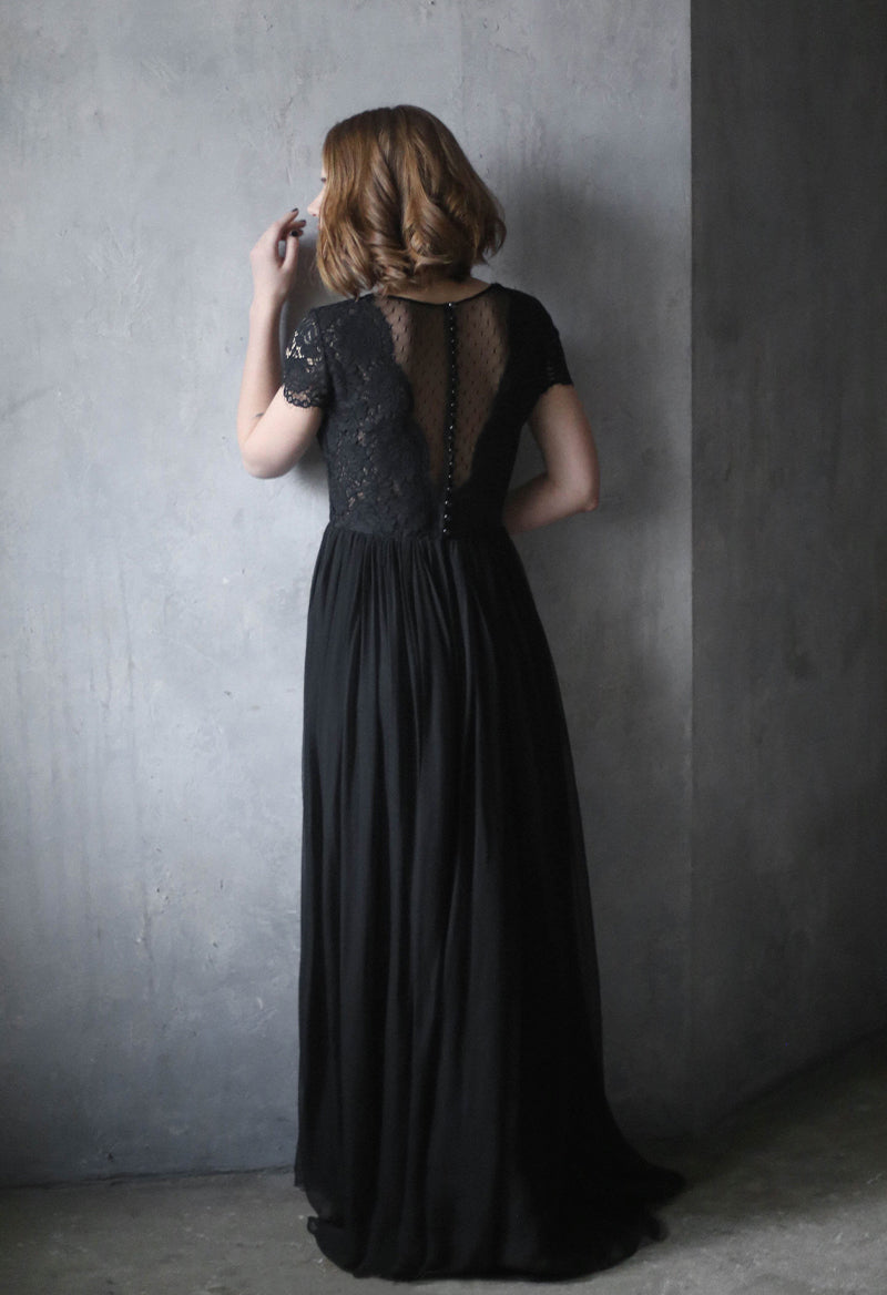 Gem Neck Short Sleeve Chiffon Floor Length Back Button A Line Black Wedding Dress