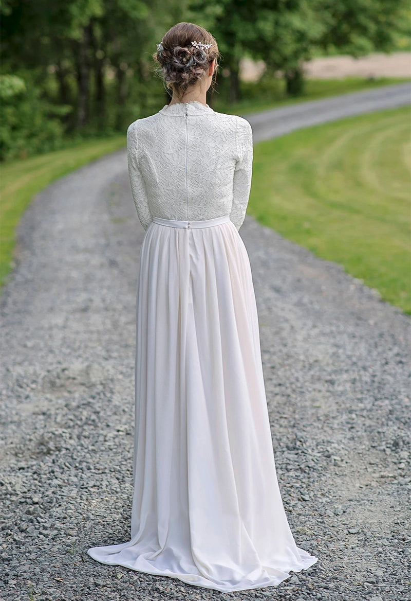 Jeweled Neck Chiffon Lace Long Sleeve Sweep Train A Line Wedding Dress