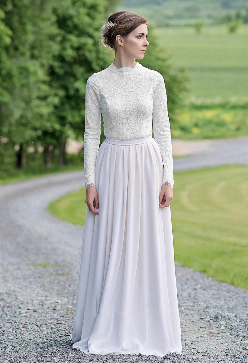 Jeweled Neck Chiffon Lace Long Sleeve Sweep Train A Line Wedding Dress As Picture