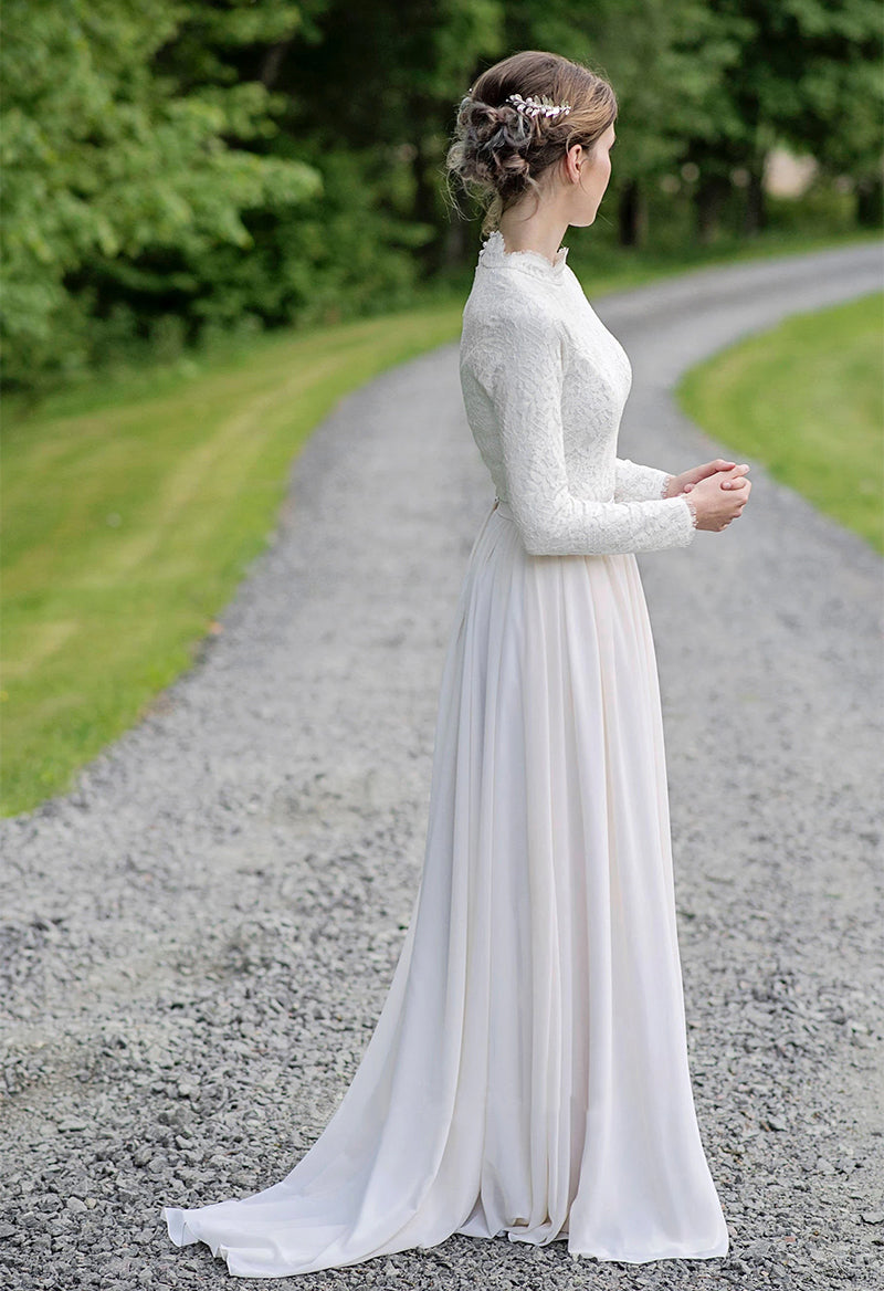 Jeweled Neck Chiffon Lace Long Sleeve Sweep Train A Line Wedding Dress