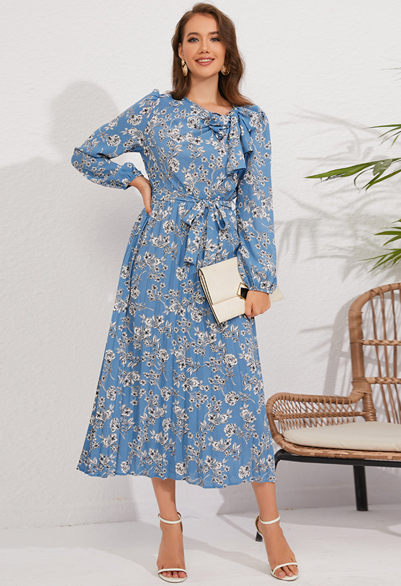 Scoop Neck Floral Bow Long Sleeve Ankle Length A Line Dress Blue