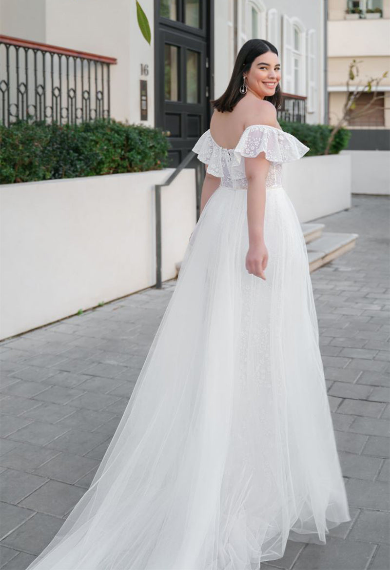 Off The Shoulder Short Sleeve Tulle Lace Ruffle Sheath Chapel