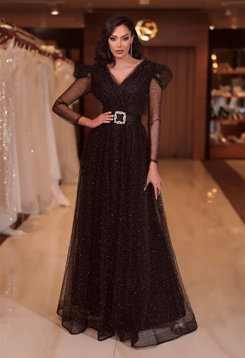 A Line V-Neck Long Sleeve Sequins Tulle Floor Length Prom Dress As Picture