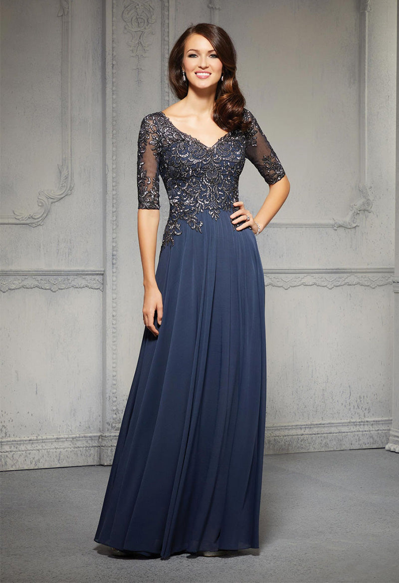 A Line Chiffon V-Neck Half-Sleeve Applique Floor Length Mother Of The Bride Dress As Picture