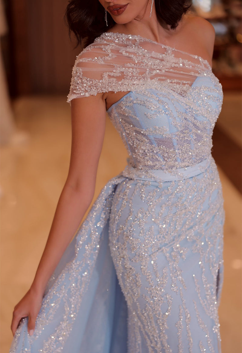 One Shoulder Sparkly Lace Slit Sheath Prom Dress With Overskirt