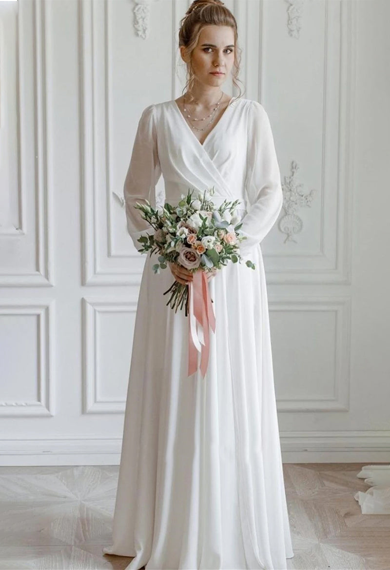 V-Neck Lantern Sleeves Slit Chiffon A Line Wedding Dress As Picture