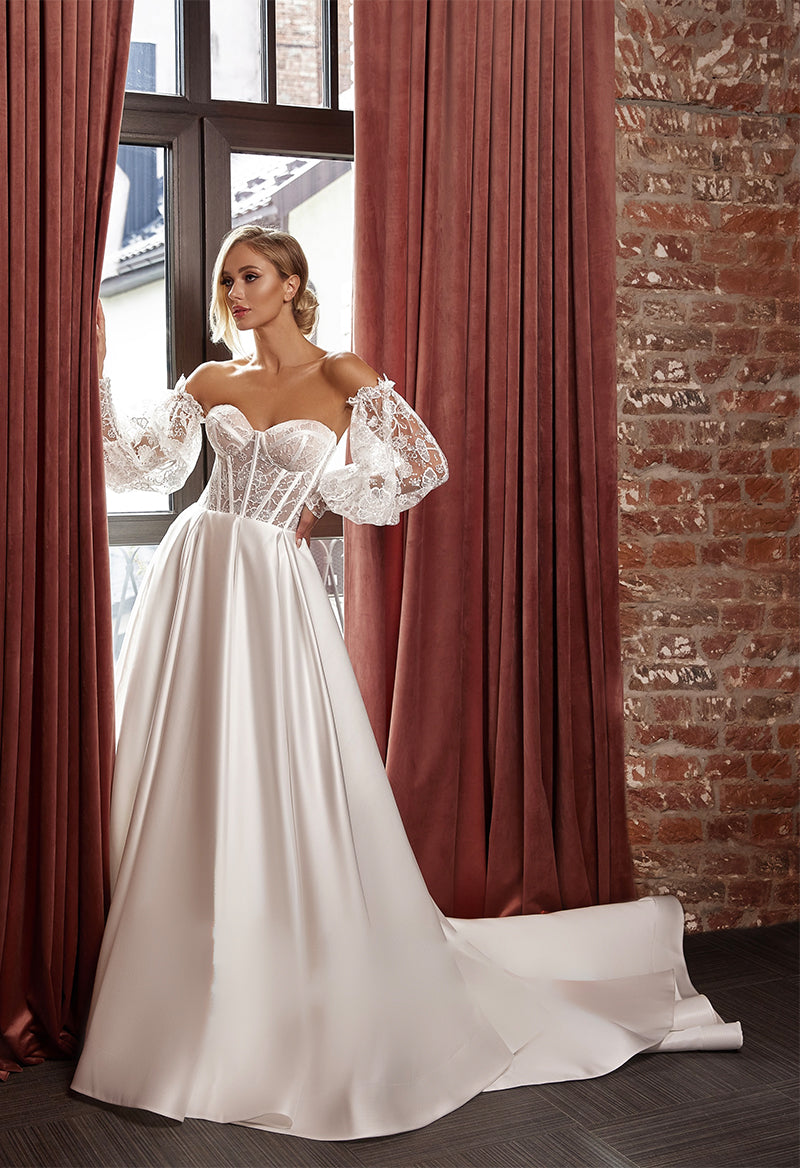 Sweetheart Neck Puff Sleeves Chapel Train Satin A Line Wedding Dress As Picture