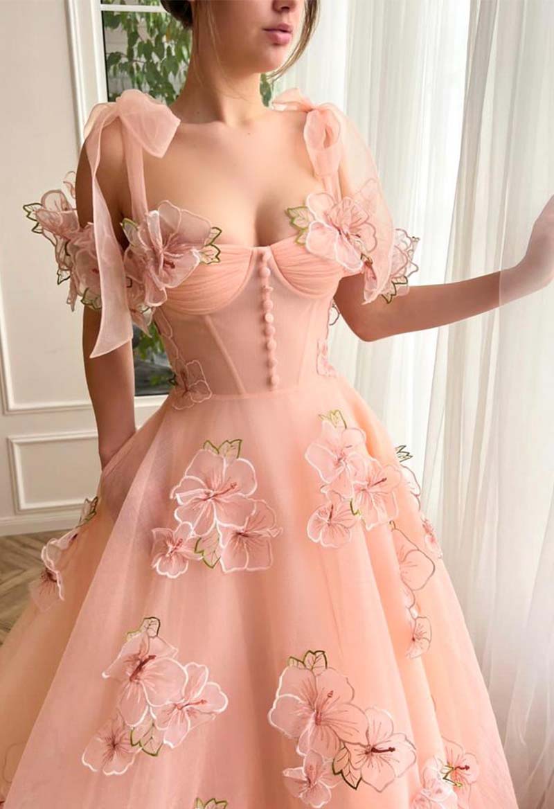 Short Sleeve Floral Pocket Lace-Up Ball Gown Prom Dress