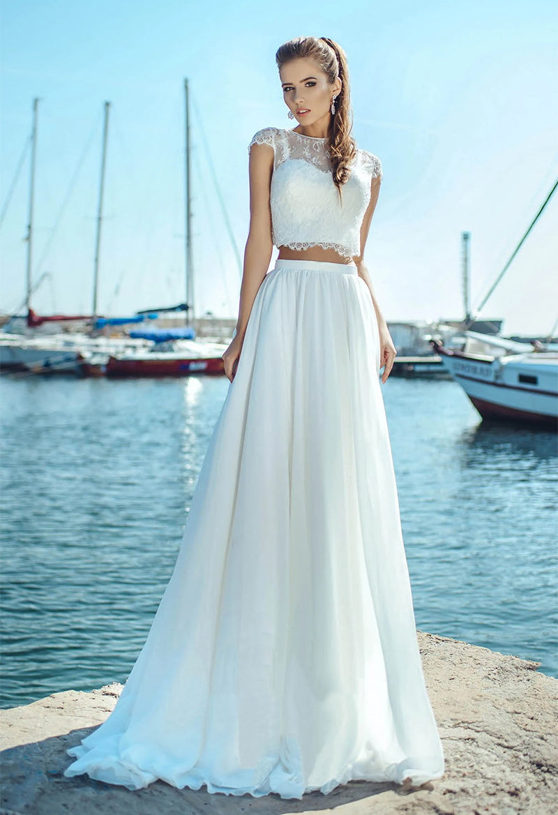 Scoop Neck Cap Sleeve Chiffon A Line Court Train Wedding Two-Piece Set As Picture
