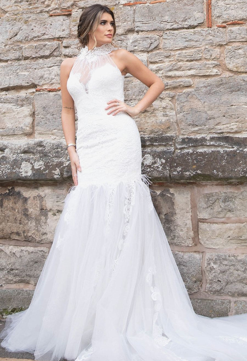 Elegant Turtleneck Mermaid Lace Sleeveless Chapl Train Wedding Dress As Picture
