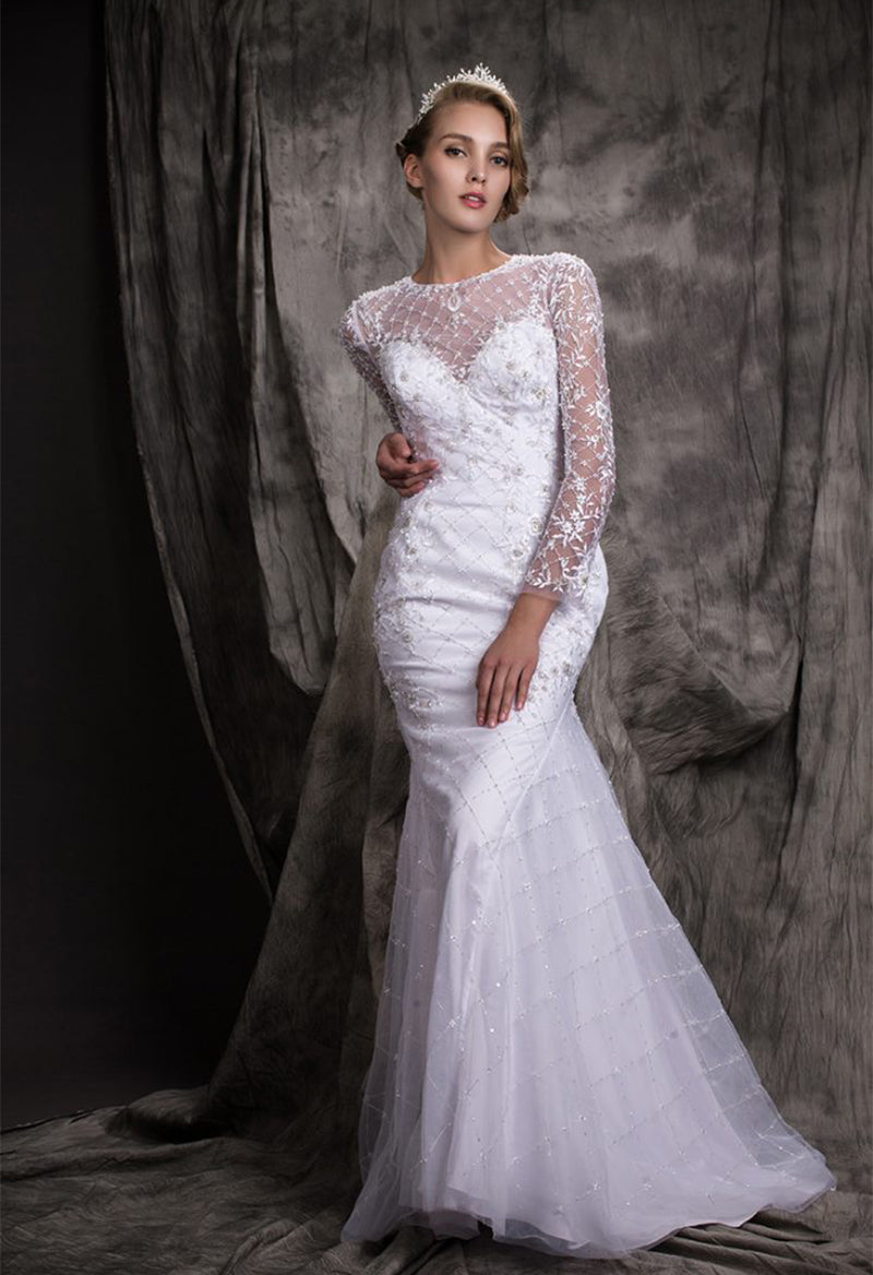 Scoop Neck Beaded Sequin Long Sleeve Key Hole Court Train Wedding Dress As Picture