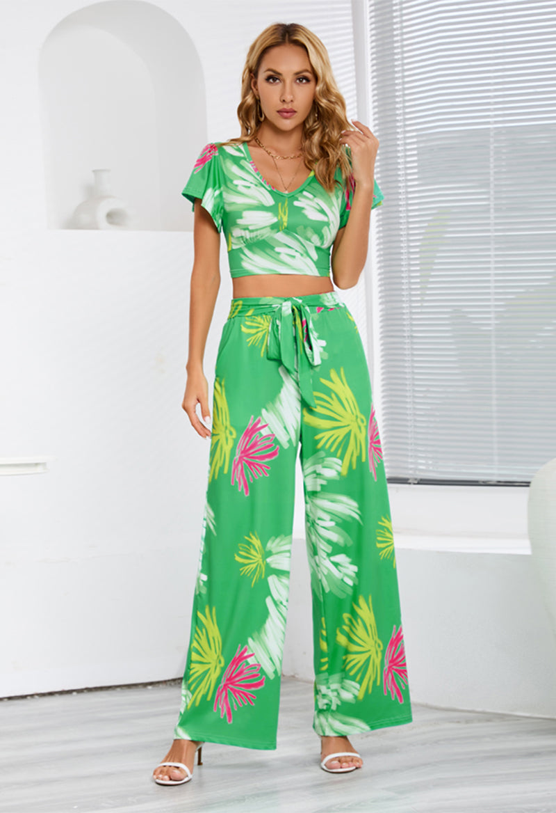 Scoop Neck Short Sleeve T-Shirt And Lace-Up Pant Two Pieces Of Set Green