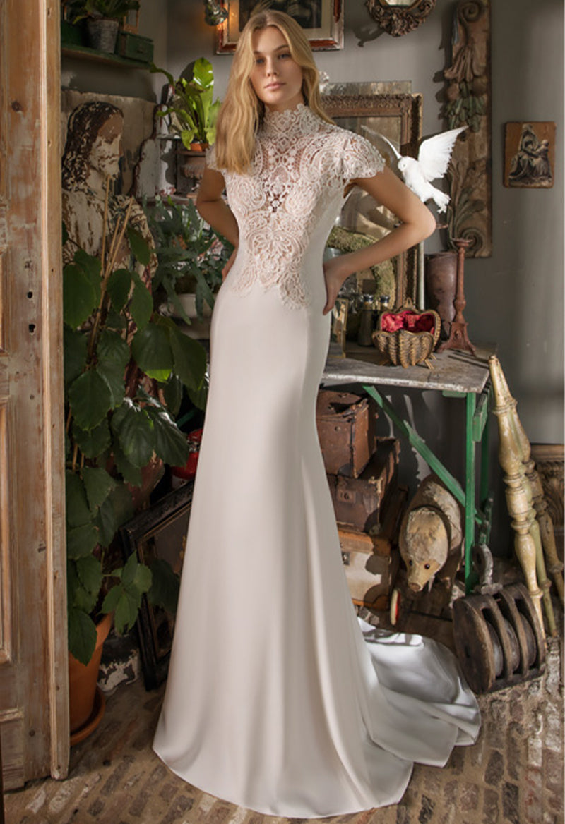 Simple High Neck Sleeve A Line Sweep Train Wedding Dress As Picture