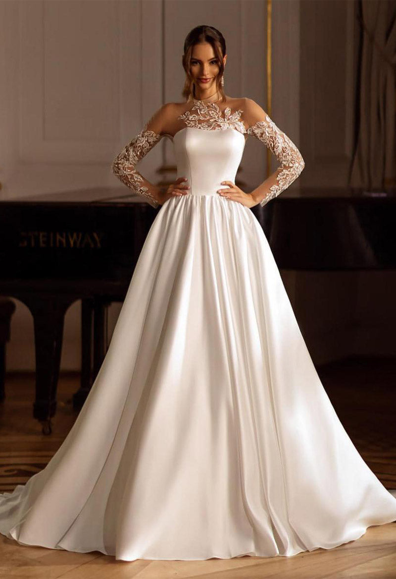 Turtle Neck Long Sleeve A Line Sweep Train Satin Wedding Dress With Wrap As Picture