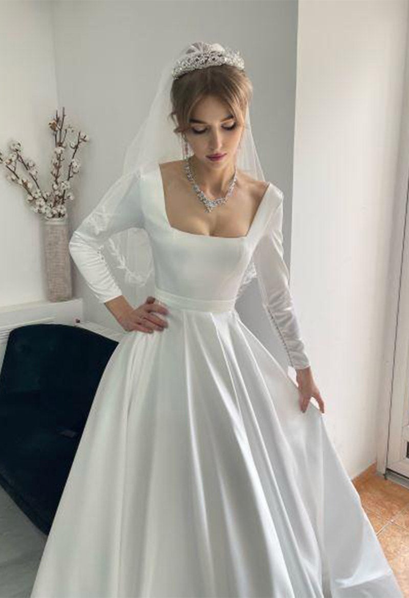 Plain Square Neck Long Sleeve A Line Floor Length Satin Wedding Dress