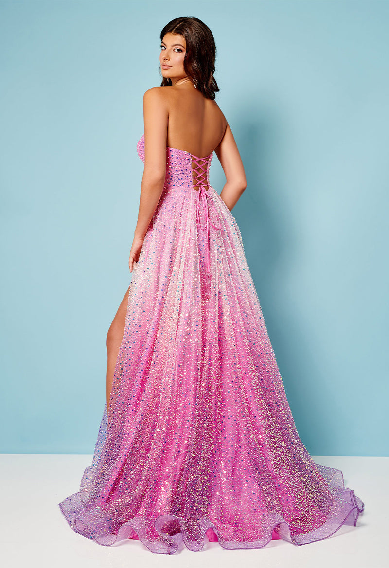 Off The Shoulder Sparkly Tulle Sleeveless Slit A Line Floor Length Prom Dress