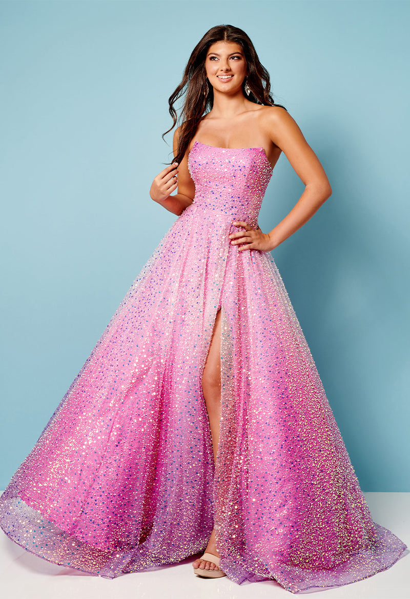 Off The Shoulder Sparkly Tulle Sleeveless Slit A Line Floor Length Prom Dress
