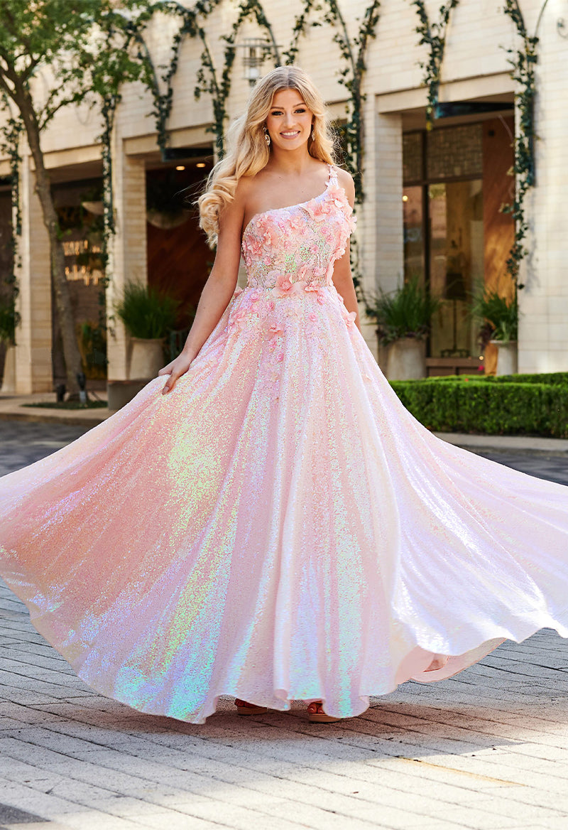3D Flowers Sparkly Satin Shoulder Ball Gown Sweep Train Prom Dress Pink